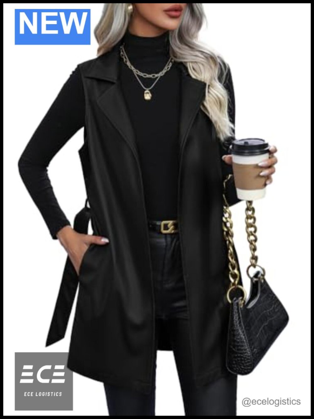 Faux Leather Long Vest Sleeveless Open Front with Belt
